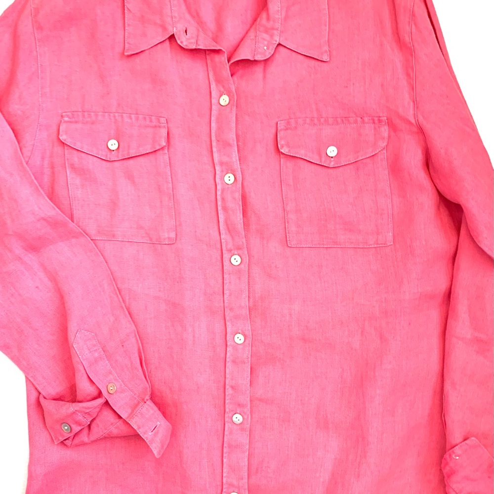 Chico’s Pink Linen Blouse Double Safari Pocket Lino One by Chico’s size 1